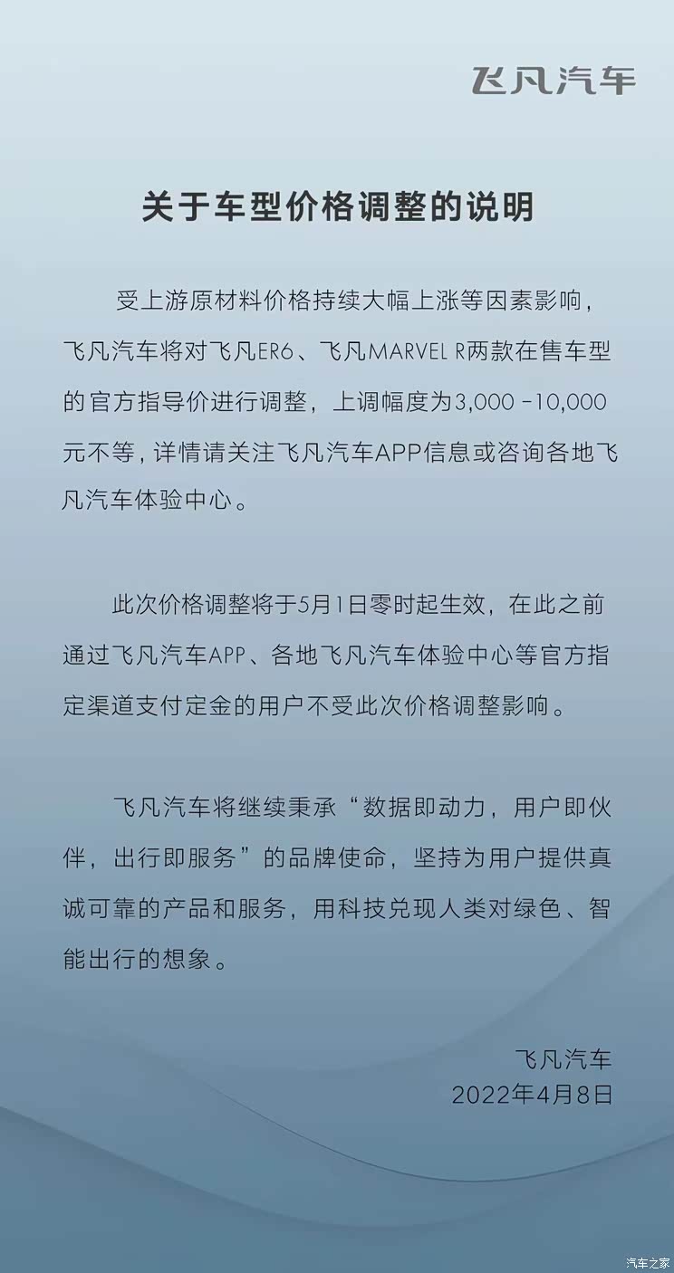 5月1日生效 飞凡MARVEL R/ER6将调价