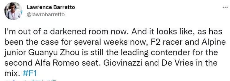 周冠宇或将签约阿尔法·罗密欧车队